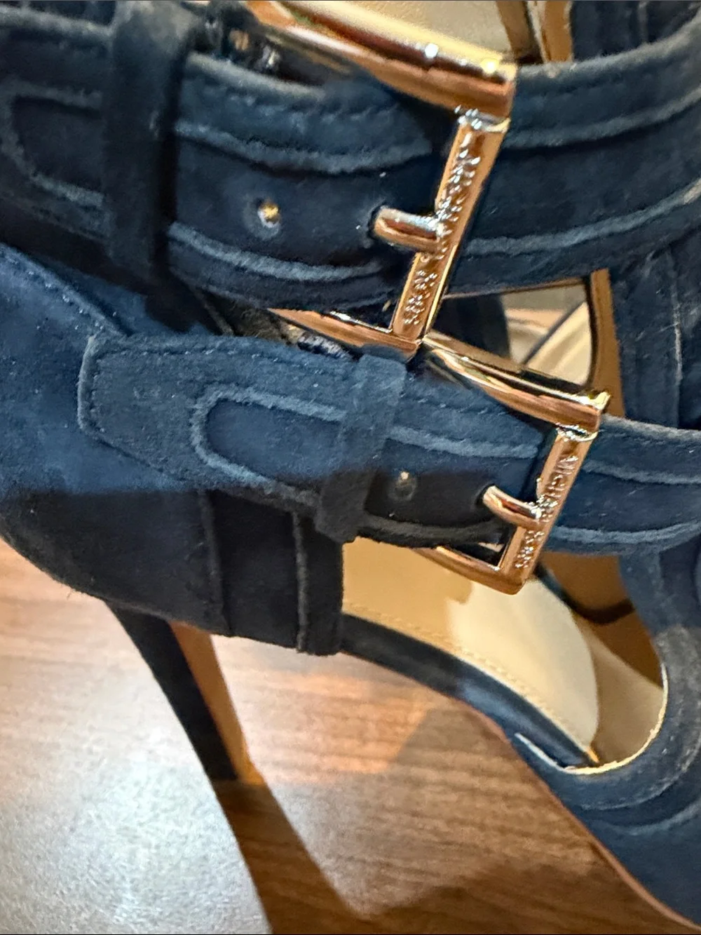 MICHAEL Michael Kors Admiral Blaze Open Toe Bootie Suede Stripy High Heels